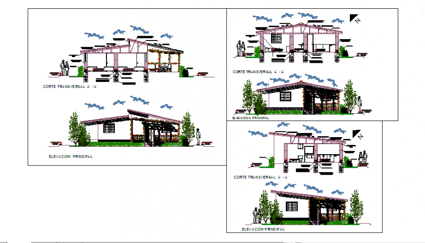 Elevation & Section layout of Country Club house design drawing