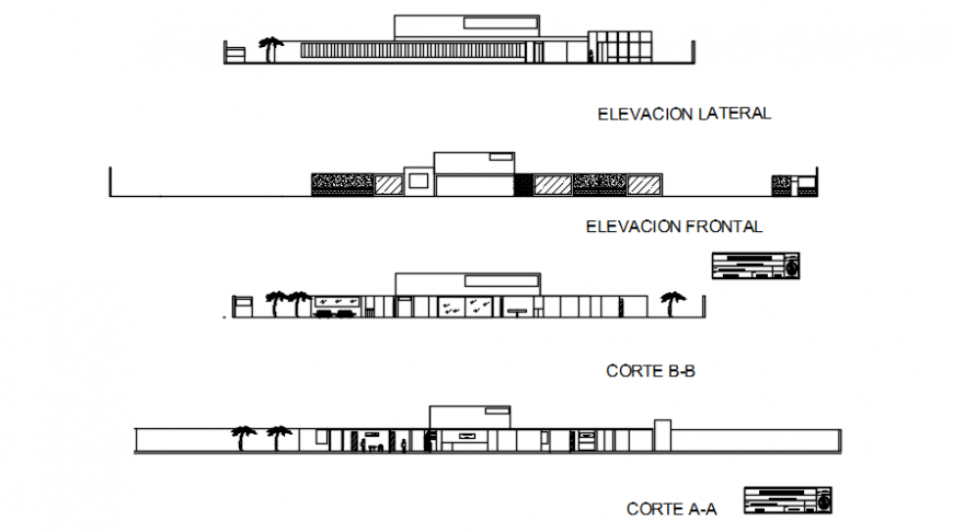 Elevation and different axis section view for hospital in auto cad software