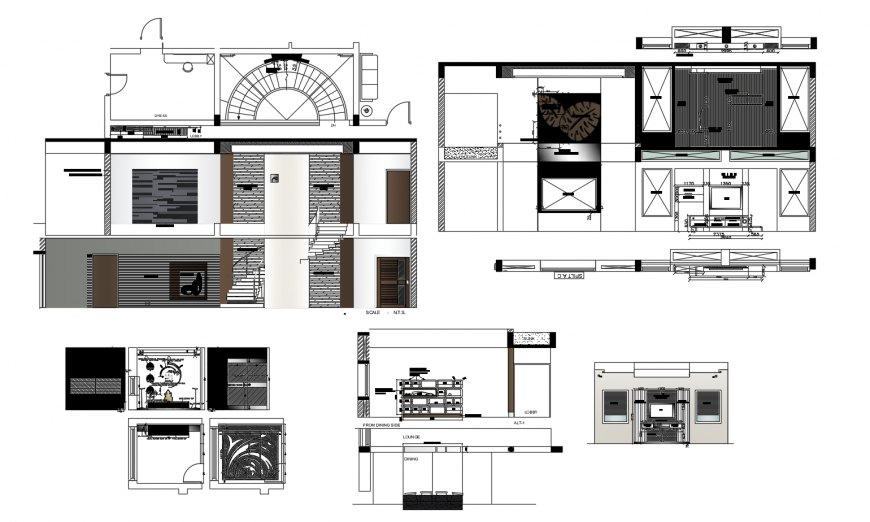 Elevation and different axis section view of bungalows area in auto cad