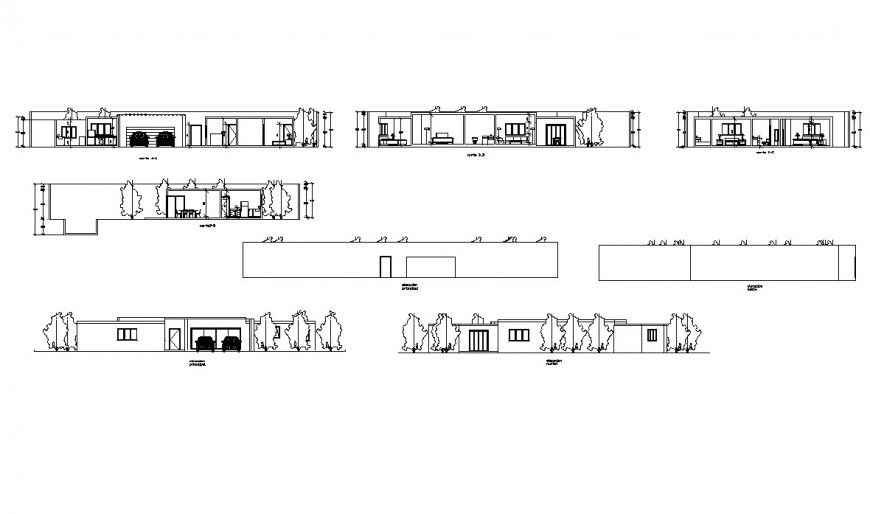 Elevation and different axis section view of house in auto cad