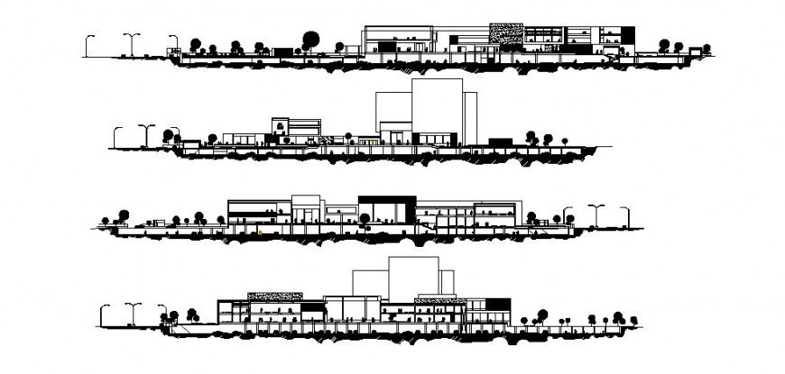 Elevation and different axis section view of house in AutoCAD