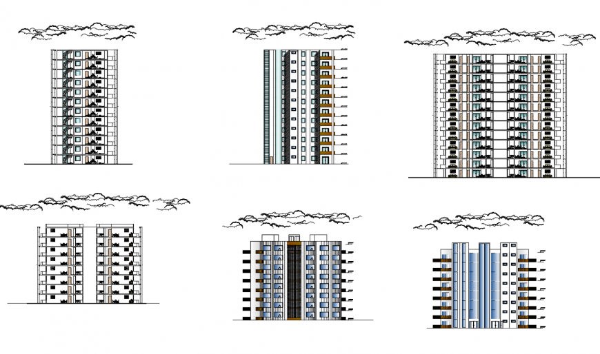 Elevation and different axis section view of house in AutoCAD file