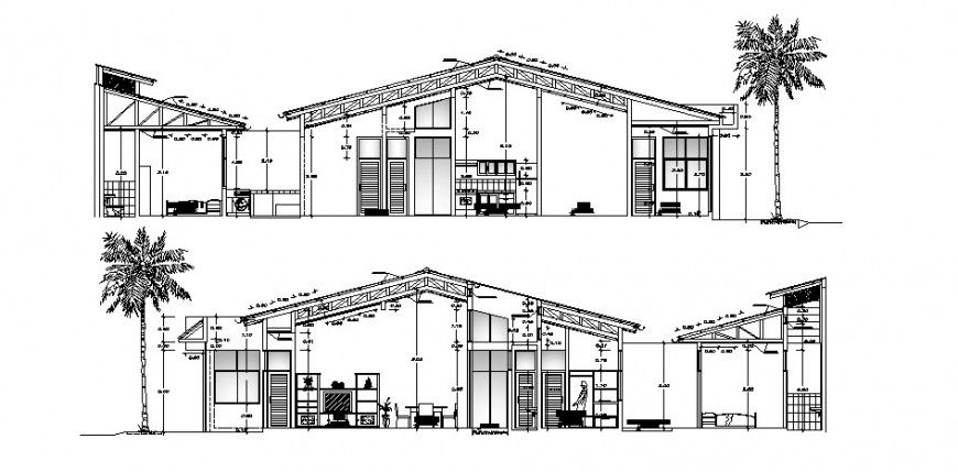 Elevation and different axis section view of residence area in AutoCAD