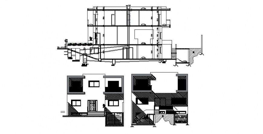 Elevation and different axis section view of villa in AutoCAD file