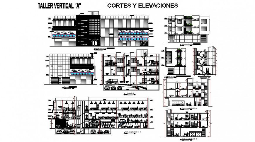 Elevation and different axis sectional view of hotel in auto cad