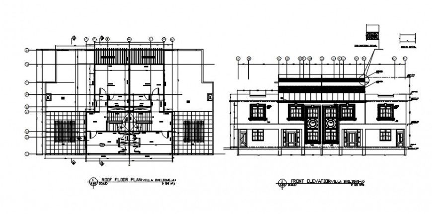 Elevation and floor plan details of housing bungalow 2d view dwg file