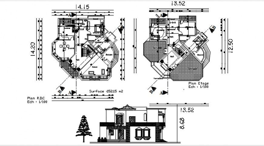 Elevation and floor plan of house CAD drawings dwg autocad file