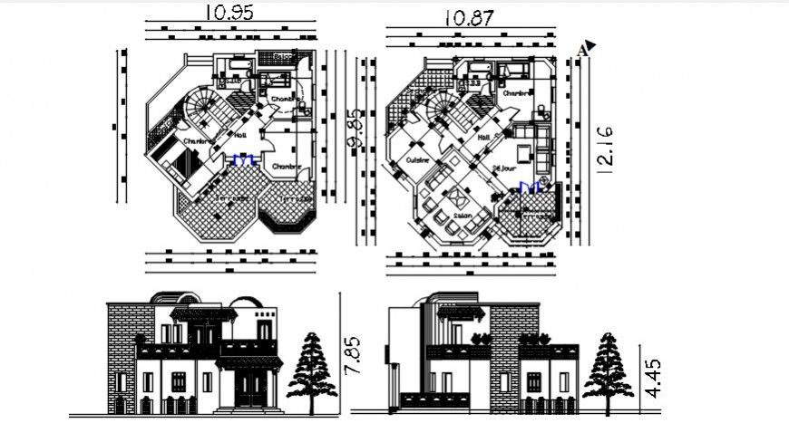 Elevation and floor plan of house with furniture units dwg file