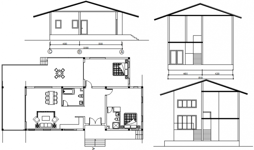 Elevation and floor plan of housing apartment dwg file