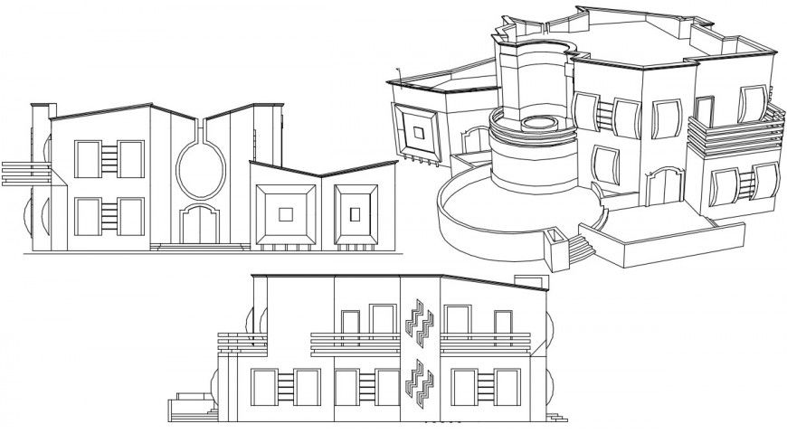 Elevation and isometric view of bungalow 2d view dwg file