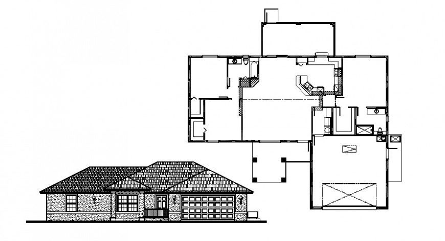 Elevation and layout plan of house bungalow 2d view autocad software file