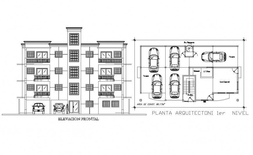 Elevation and parking plan of apartment in auto cad