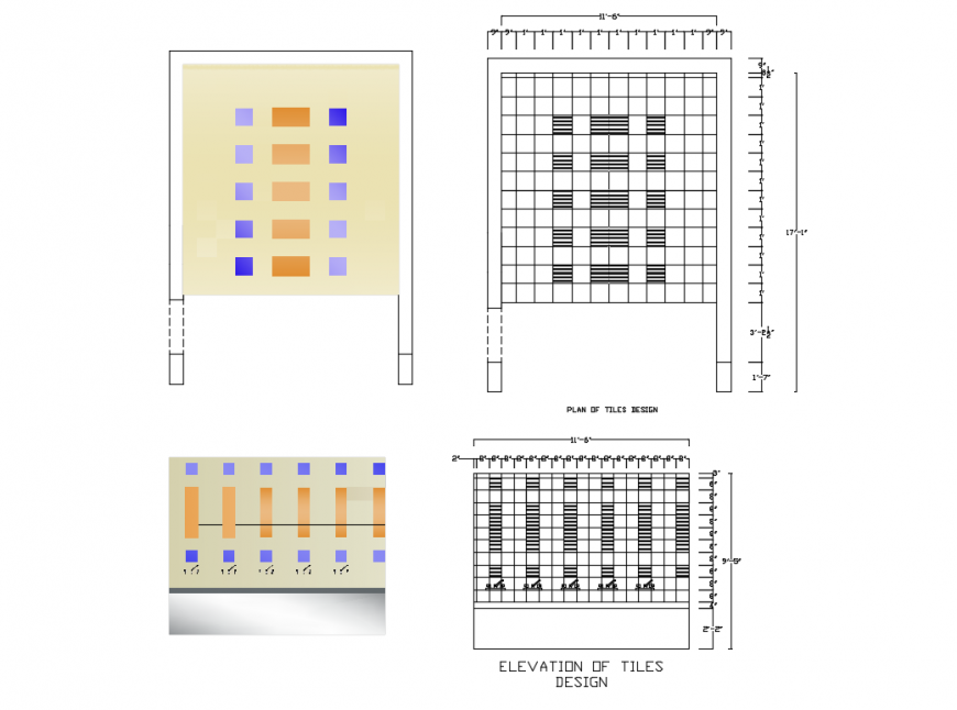 Elevation and plan design details of tile dwg file