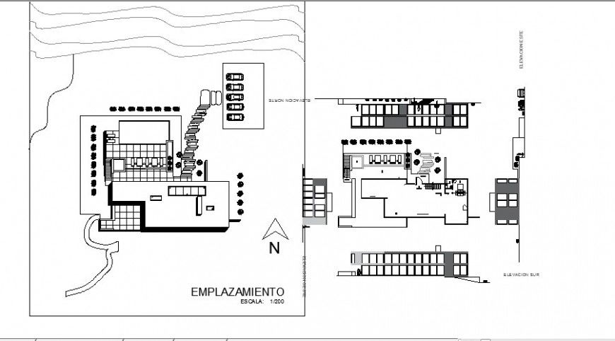 Elevation and plan detail of industrial building detail 2d view layout file in dwg format