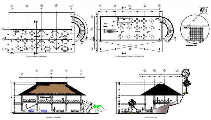 Elevation and plan detail of restuarant building block autocad file