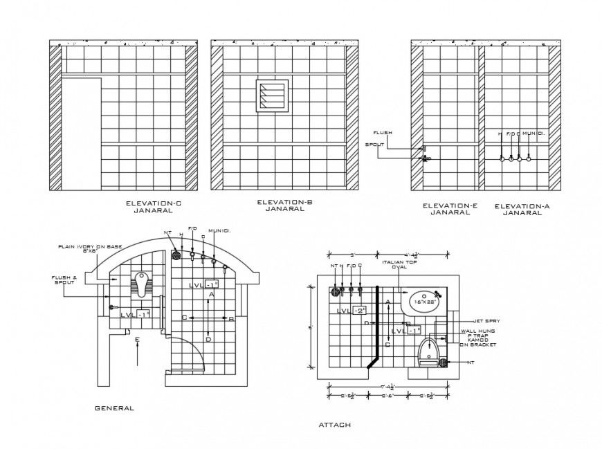 Elevation and plan detail of sanitary bathroom block layout file in dwg format
