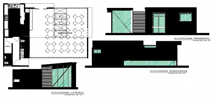 Elevation and plan detail of small restaurant building block autocad file