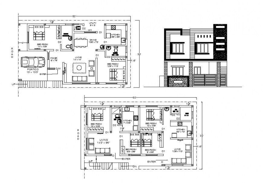 Elevation and plan detail of two-story house layout file in autocad format
