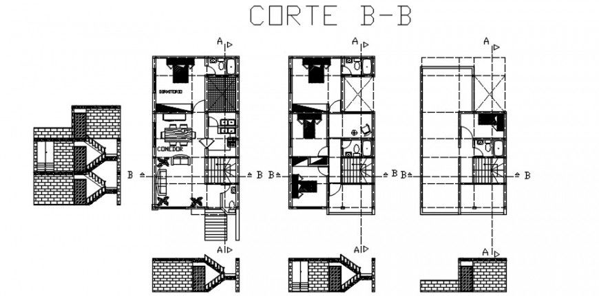Elevation and plan details of housing apartment 2d view dwg file