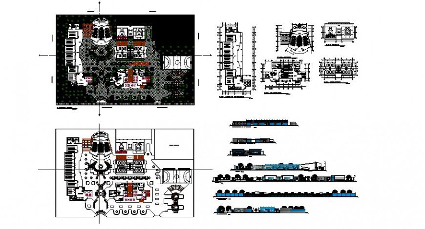 Elevation and plan of co-operative building 2d view autocad file