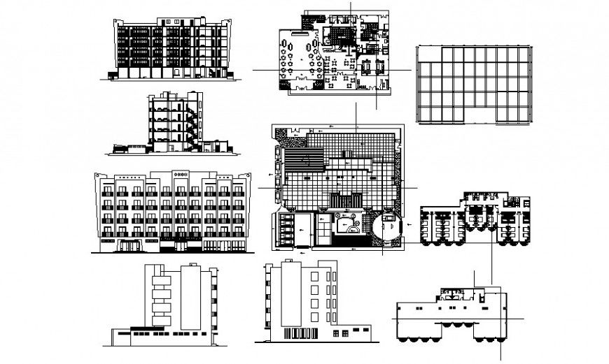 Elevation and plan of hotel multi-story building 2d drawing in autocad