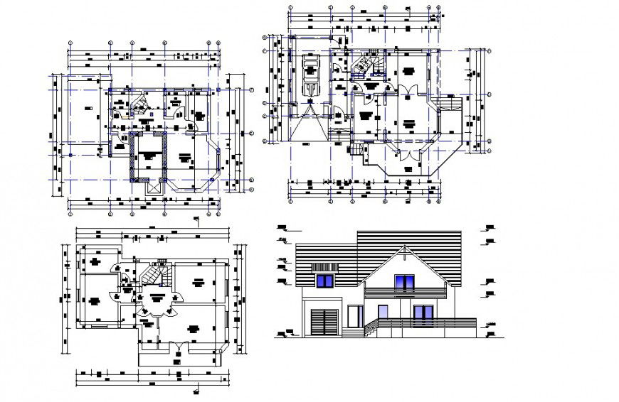 Elevation and plan of house 2d view CAD structural block autocad file