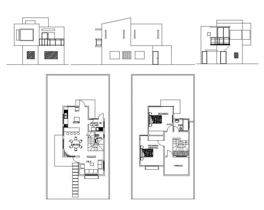Elevation and plan of House building 2d view layout dwg file