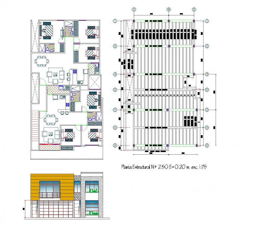 Elevation and plan row house autocad file