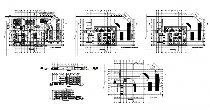 Elevation and plan view of restaurant building structure 2d view layout dwg file