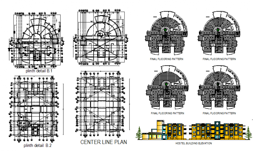Elevation and plinth hostel commercial building planning autocad file