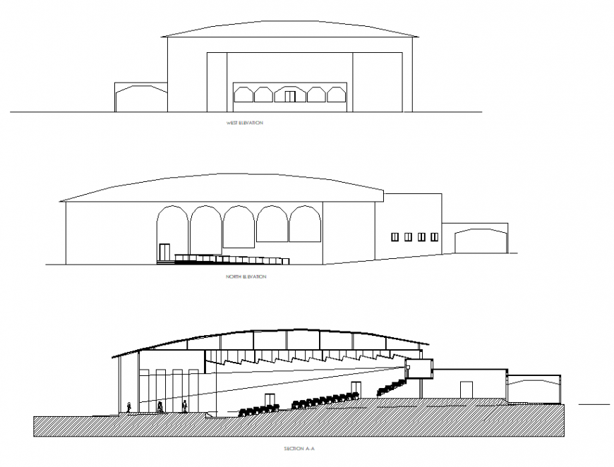 Elevation and section auditorium commercial plan detail dwg file