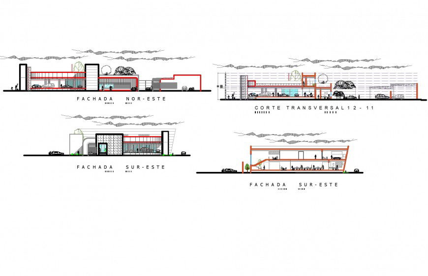 Elevation and section automobile dealership autocad file