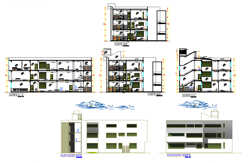 Elevation and section college plan layout file