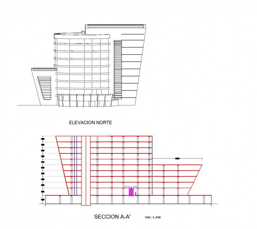 Elevation and section commercial building plan layout file