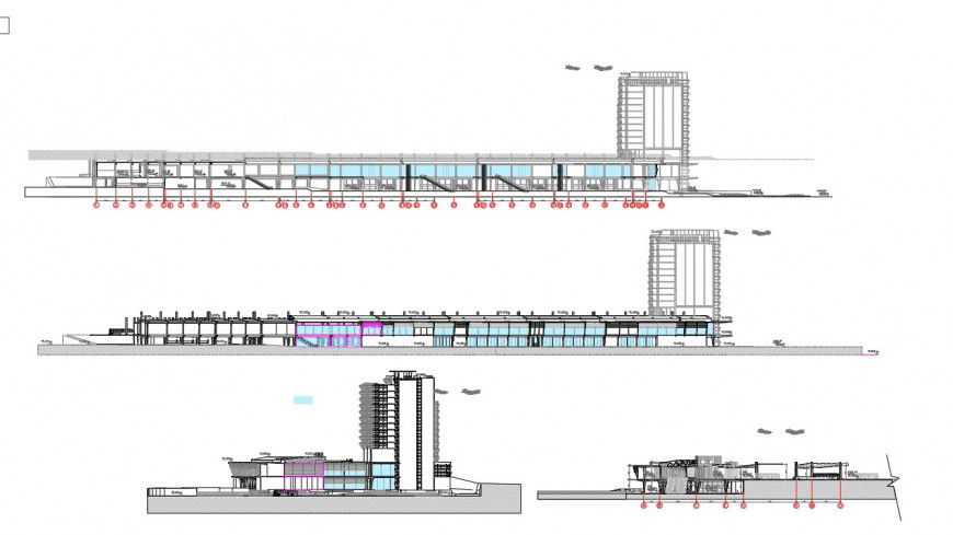 Elevation and section detail business hub commercial building plan autocad file