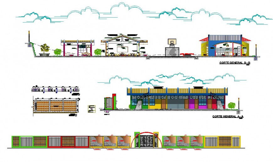 Elevation and section detail club house plan autocad file