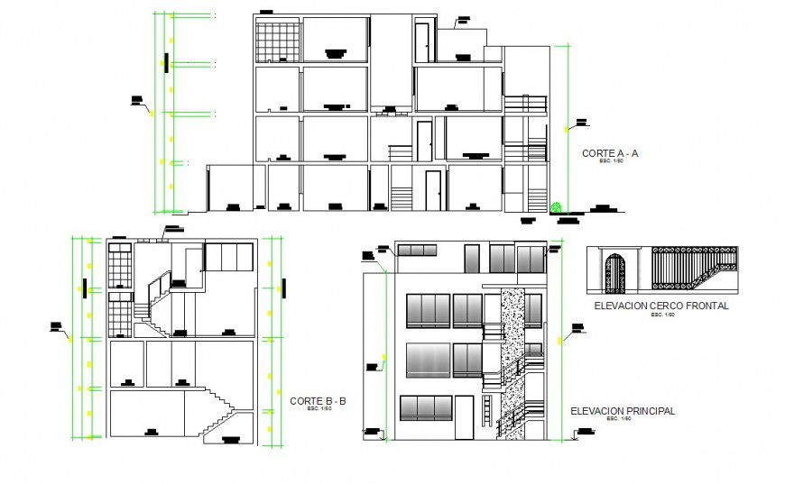 Elevation and section detail of apartment 2d view CAD structural block layout autocad file