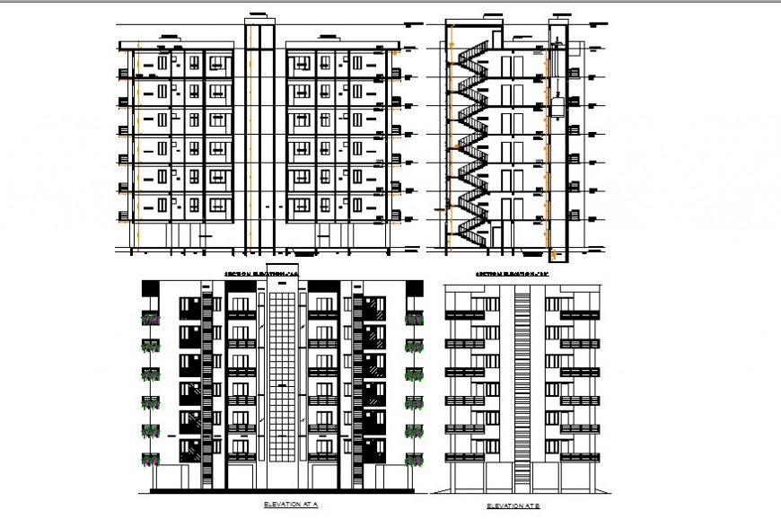Elevation and section detail of high rise building block detail layout dwg file