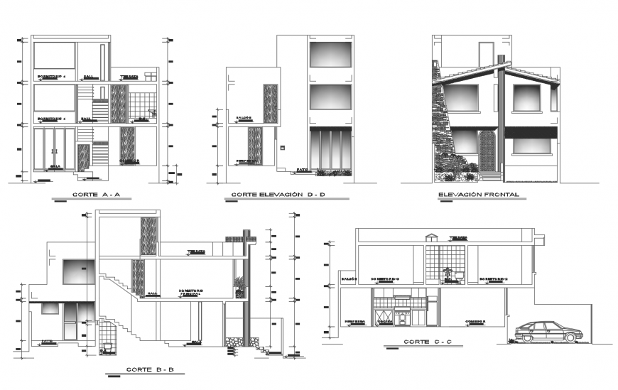 Elevation and section drawing of residential apartment 2d view dwg file