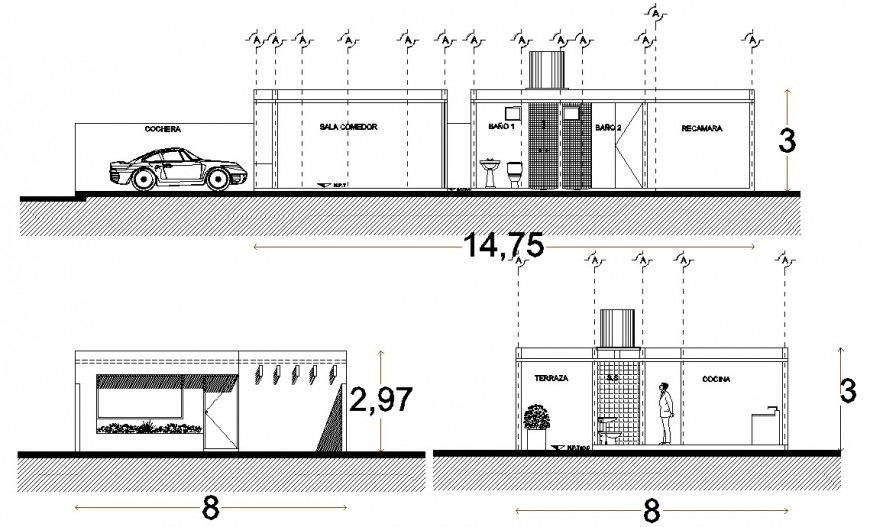 Elevation and section drawings details of guardhouse 2d view dwg file