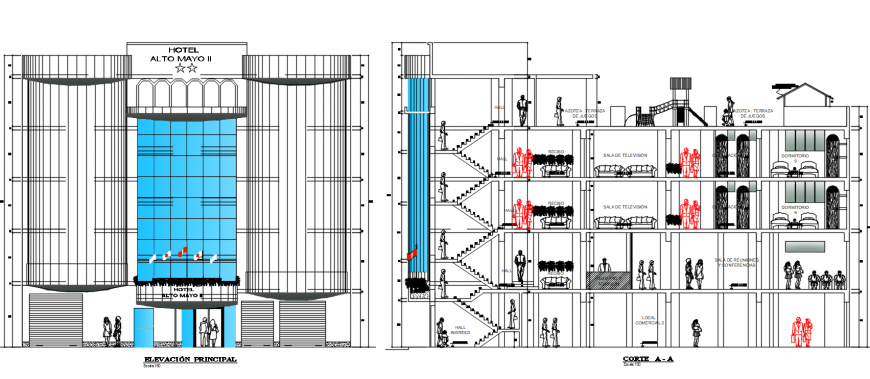 Elevation and section drawings details of hotel building blocks dwg Autocad file