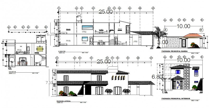 Elevation and section drawings details of apartment blocks dwg file