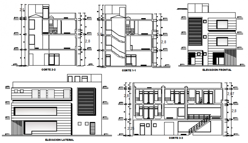 Elevation and section drawings details of two-story apartment dwg file