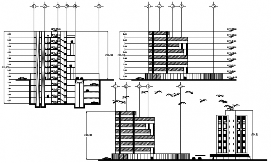 Elevation and section drawings detials of building units 2d view dwg file