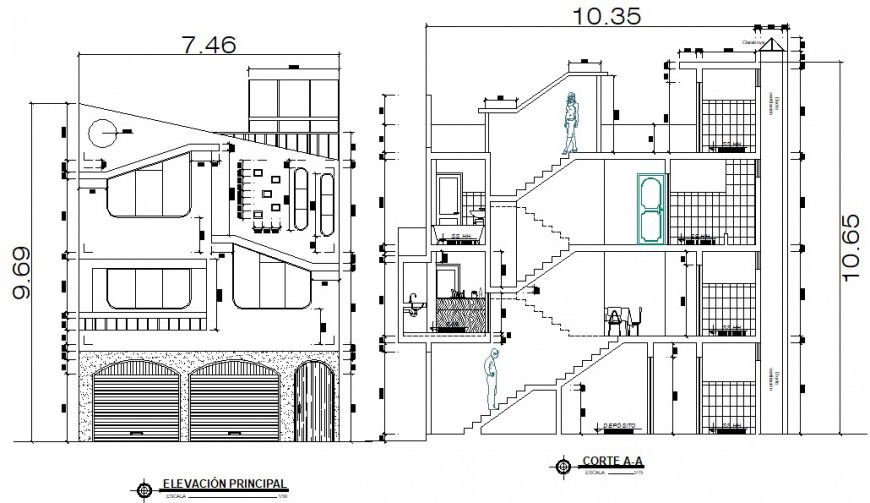 Elevation and section drawings of apartment 2d view dwg file