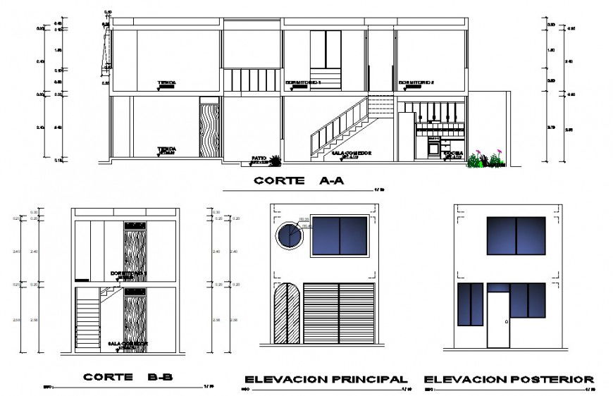 Elevation and section drawings of living apartment 2d view AutoCAD software file