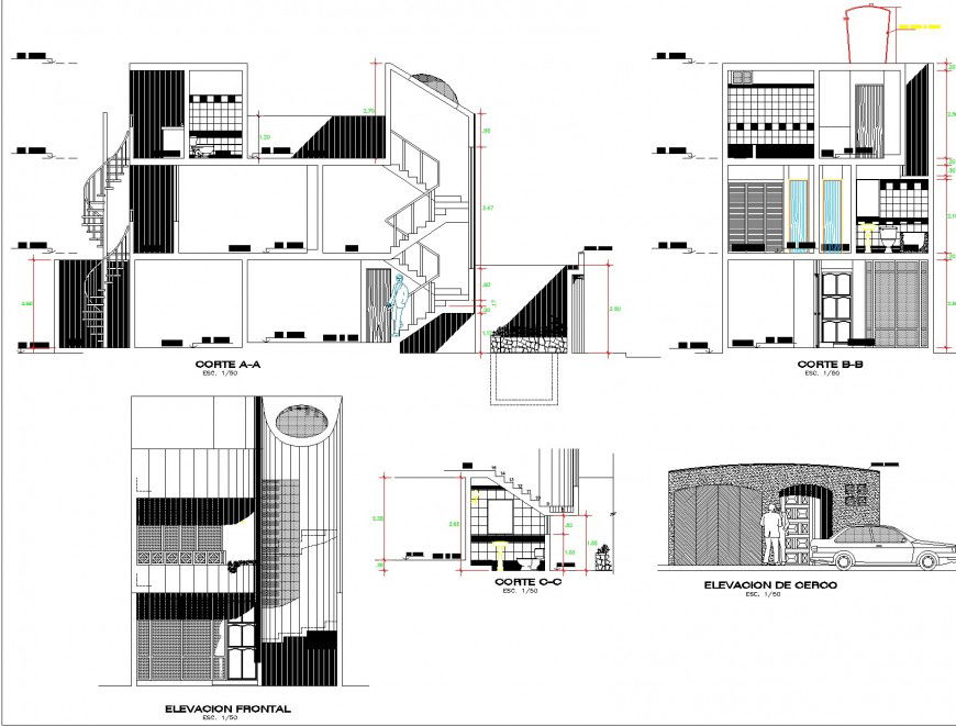 Elevation and section family house detail dwg file