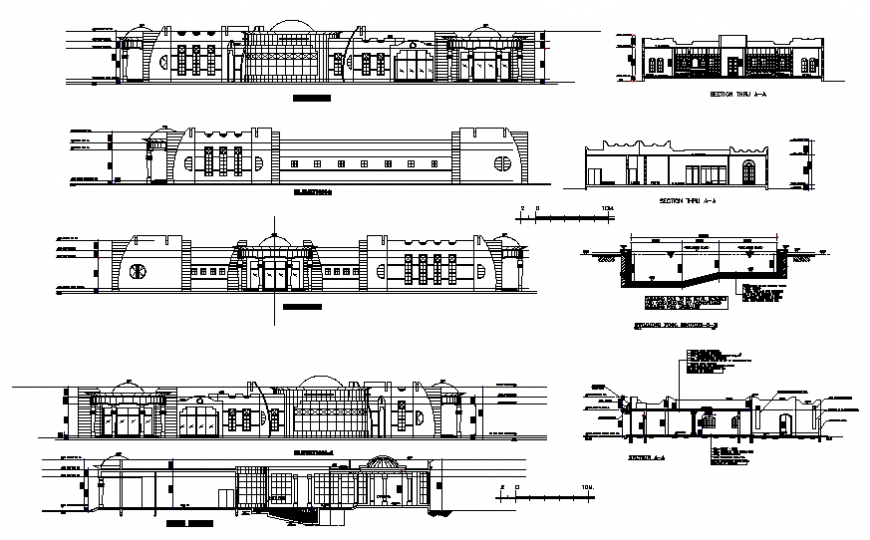 Elevation and section hotel commercial building plan autocad file