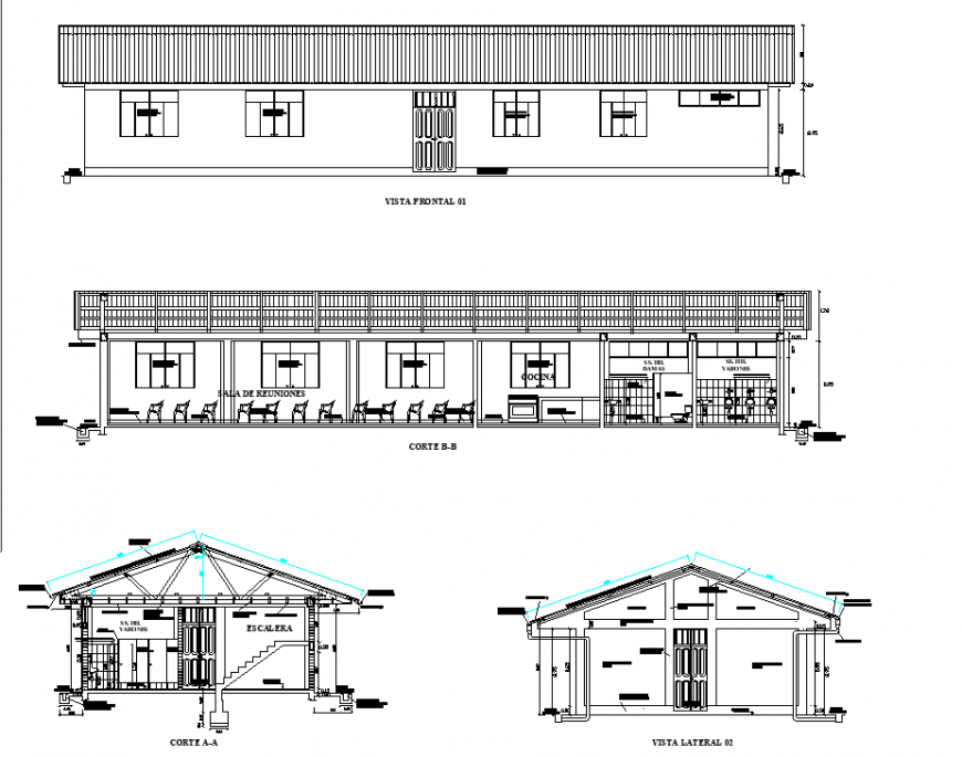 Elevation and section Local communal detail dwg file