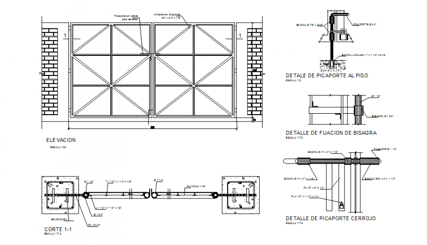 Elevation and section main gate detail dwg file